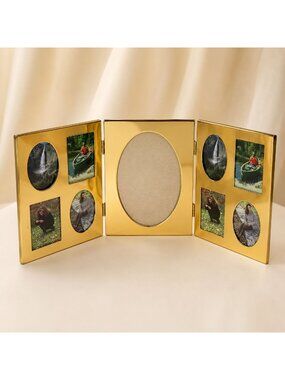 Vintage Tri Fold Picture Frame Gold Tone 80s Oval Folding Multi Photo Display